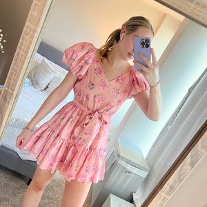 Love Shack Fancy Pink Satin Puff Sleeve Ruffle Dress